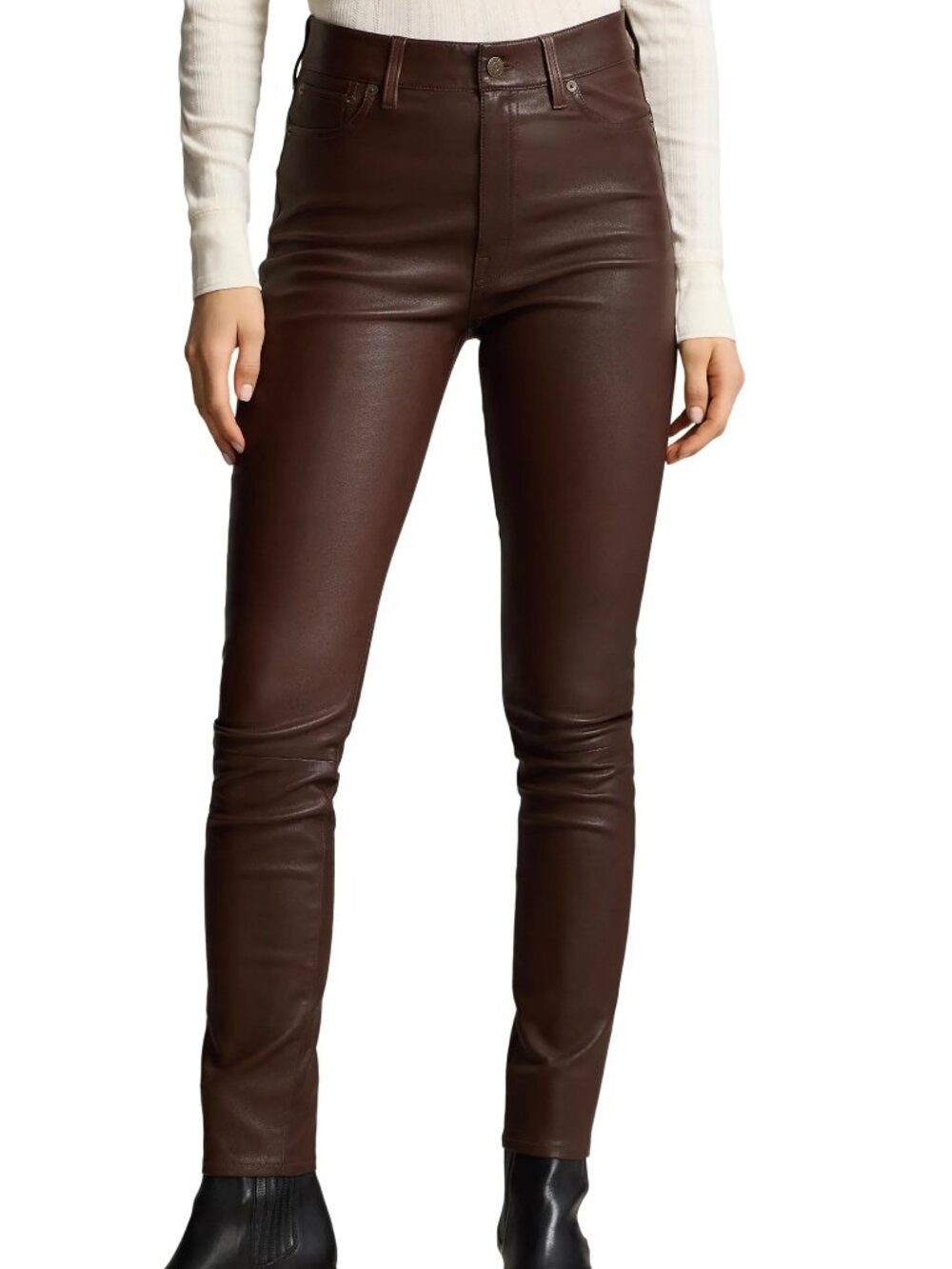 Polo Ralph Lauren Lamb Leather Ankle Skinny Pants in Mahogany